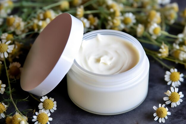 Een pot cosmetische crème met kamille