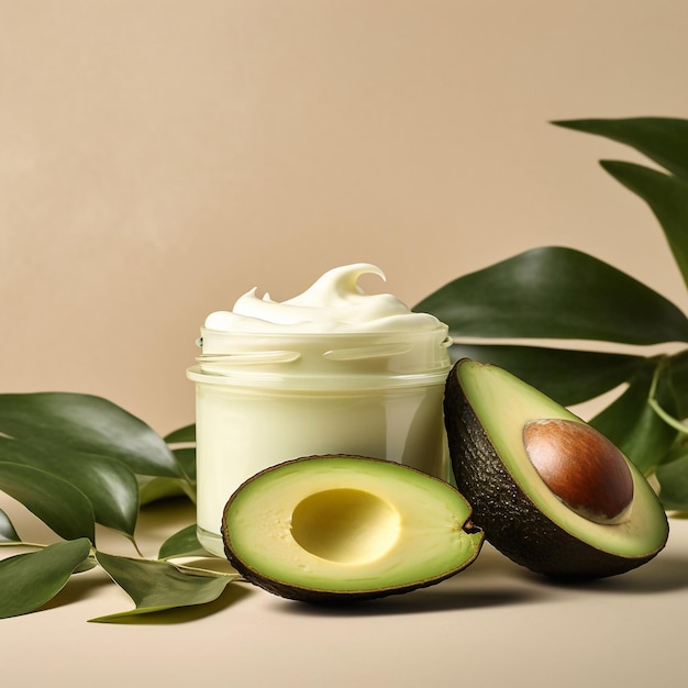 een pot cosmetische room en avocado-snijden op beige achtergrond