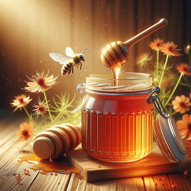 een pot honing met bijen die eromheen vliegen