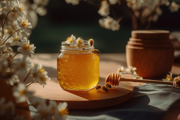 Een pot honing naast een pot honing op een tafel met bloemen op de achtergrond.