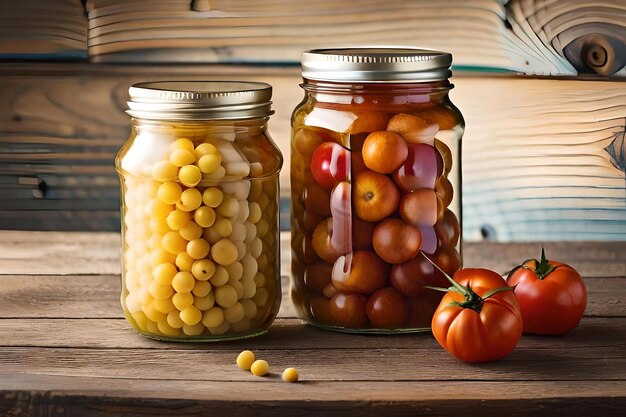 Een pot ingemaakte tomaten staat naast een tomaat en augurken.