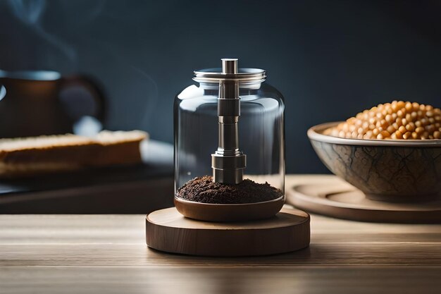 Foto een pot koffie met een lepel en een kom koffie op een houten tafel.