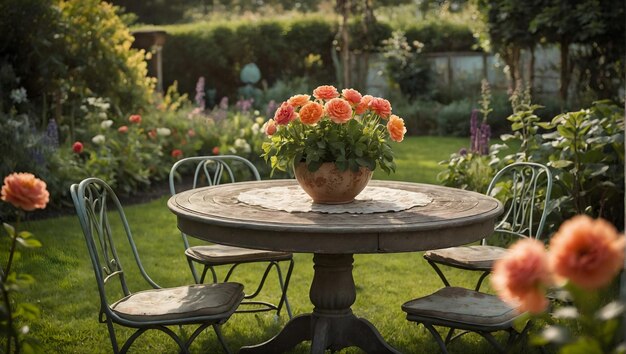 een pot met bloemen zit op een tafel in een tuin