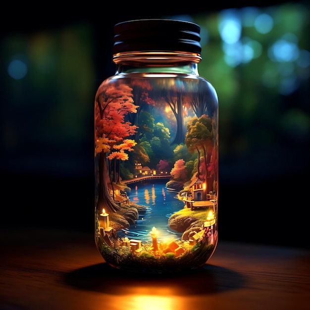 Een pot met een landschapsschilderij in de fles