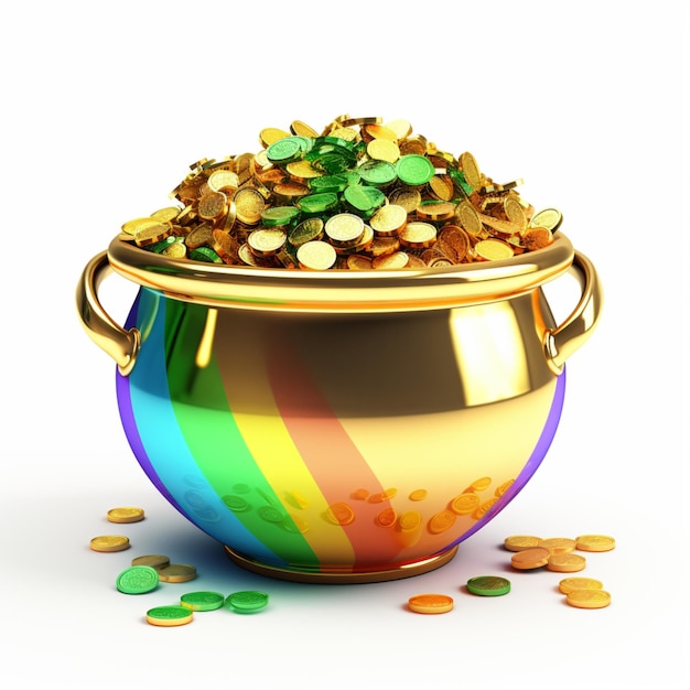 Een pot met goud aan het einde van een regenboogwitte achtergrond