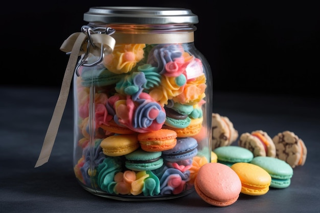 Een pot met kleurrijke koekjes gerangschikt in een verbluffend en uniek ontwerp gemaakt met generatieve AI