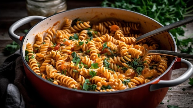 Een pot pasta met een lepel erin