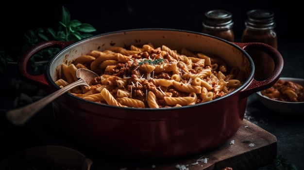 Foto een pot pasta met een lepel erin