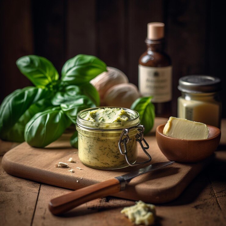 Een pot pesto staat op een snijplank naast een pot boter.