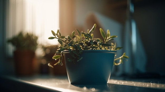 Een pot plant op tafel waar de zon op schijnt