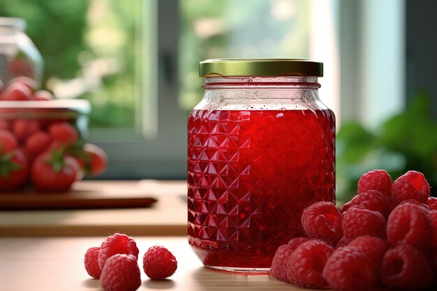 Een pot verse raspberry jam Selectieve focus