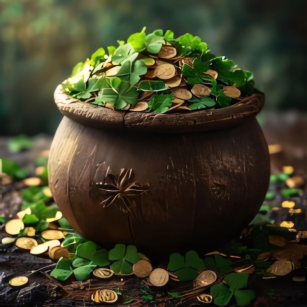 Een pot vol groene klaver en gouden munten op een bezoedelde achtergrond Groene vierbladige klaver symbool van St. Patrick's Day