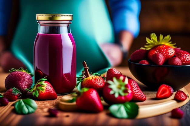 Een potje aardbeienjam naast een bakje aardbeien.