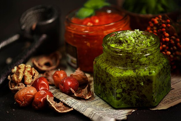 Een potje groene saus met tomaten erop