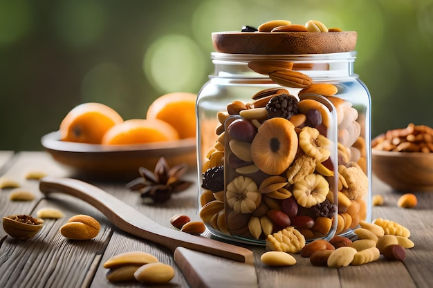 Een potje noten en gedroogde vruchten op tafel
