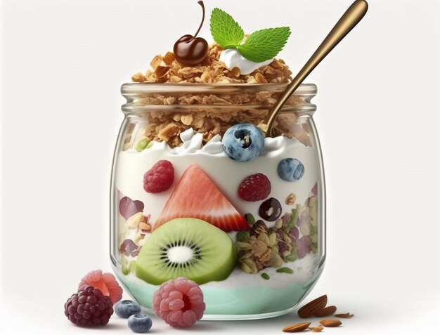 Een potje yoghurt met fruit en granola erop.