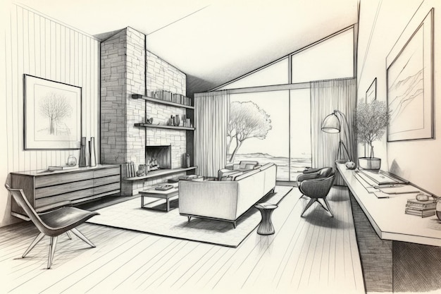 Een potloodschets van een woonkamer met een minimalistisch design met strakke lijnen en natuurlijke materialen