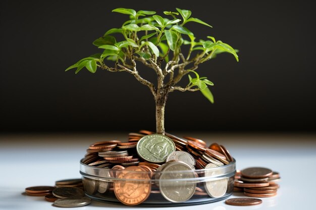 Een potplant bovenop een stapel munten Generatieve AI