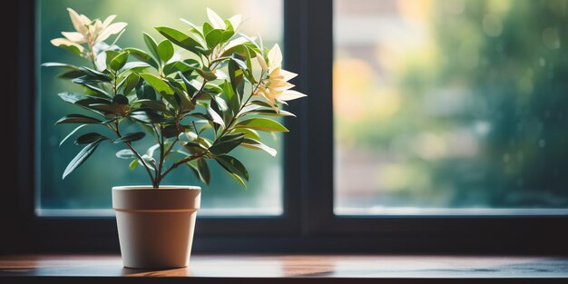 Een potplant die op een vensterbank zit voor een raam