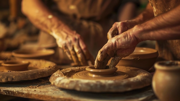 Een pottenbakker die klei vorm geeft op een pottenbakkerswiel