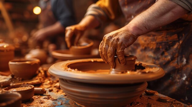 Een pottenbakker die klei vorm geeft op een pottenbakkerswiel