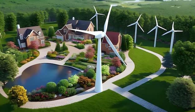 Een prachtig aangelegde windturbinetuin in een buitenwijk AI Generativ