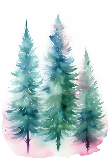 Foto een prachtig aquarel schilderij met drie immergroene bomen dit kunstwerk vangt de sereniteit en natuurlijke schoonheid van deze majestueuze bomen perfect voor het toevoegen van een vleugje natuur aan elke ruimte