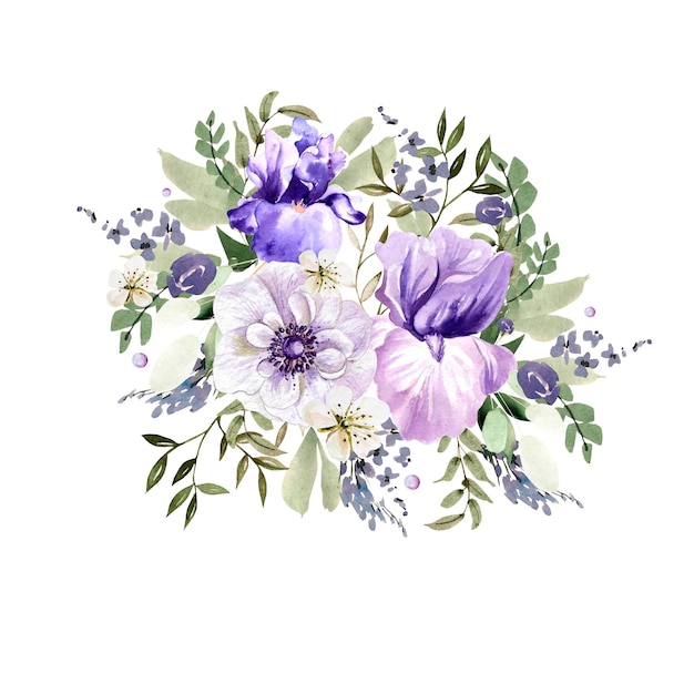 Een prachtig aquarelboeket met anemoon- en irisbloemen