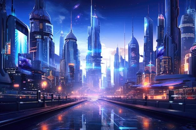 Een prachtig beeld van een futuristische stad's nachts met zijn betoverende reflectie in het water Cybernetisch toekomstig stadsbeeld met neonlichten en hightech wolkenkrabbers AI gegenereerd
