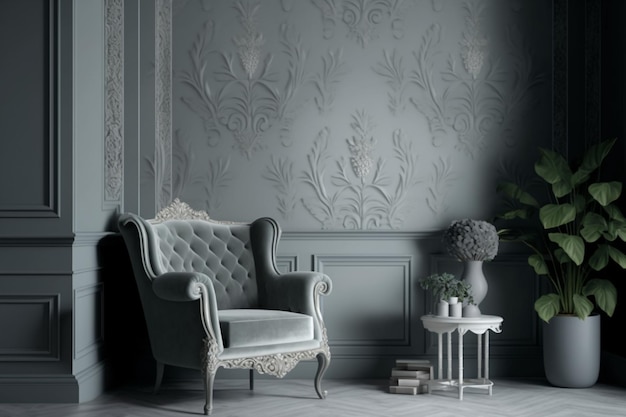 Een prachtig beeld van een woonkamer met grijs Pantone-decor en opvallende meubels
