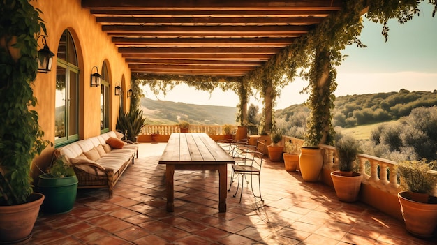 Foto een prachtig beeld van een zonovergoten terras bij een afgelegen villa die een uitnodigende ruimte biedt voor ontspanning en genieten van het adembenemende uitzicht