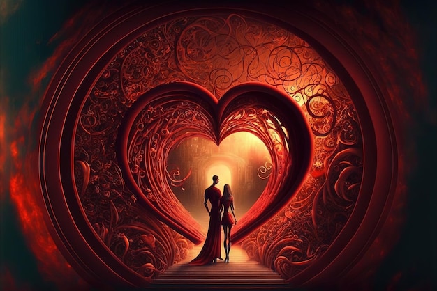 Een prachtig behang van een romantisch koppel in de buurt van rood hart