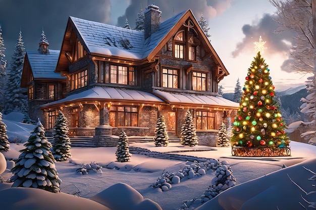 Een prachtig besneeuwd huis en een magisch verlichte boom op kerstavond
