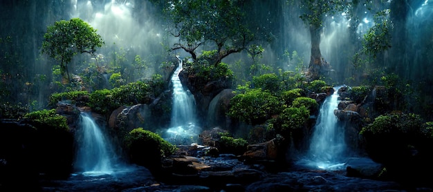 Een prachtig betoverd bos met grote sprookjesachtige bomen, waterval en geweldige vegetatie Digitale schilderkunst Achtergrondillustratie