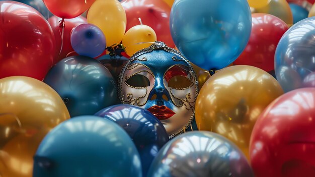 Foto een prachtig blauw en goud masker is half ondergedompeld in een zee van roodblauwe en gouden ballonnen