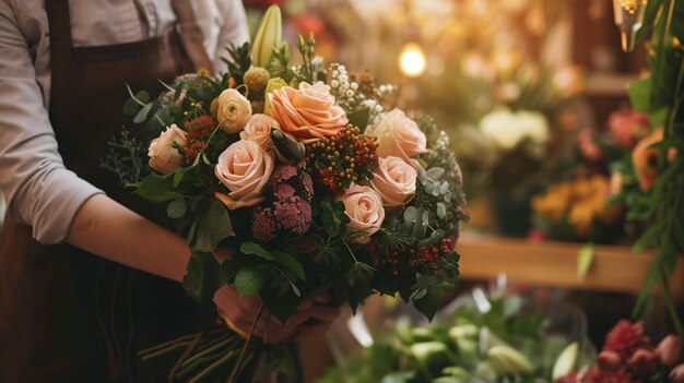 Een prachtig boeket bloemen in de handen van een vrouw Het boeket bestaat uit rozen lelies en ander groen