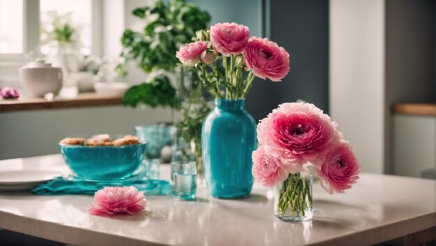 Een prachtig boeket bloemen staat op tafel tegen de achtergrond van de keuken