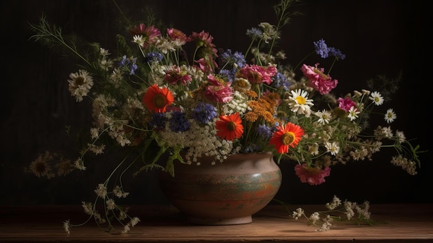 Een prachtig boeket wilde bloemen in een rustieke vaas die AI heeft gegenereerd