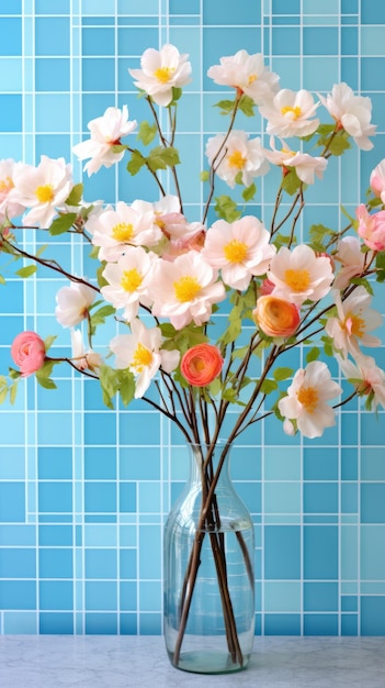 Een prachtig boeket witte en roze zijden bloemen in een glazen vaas tegen een blauwe tegels achtergrond