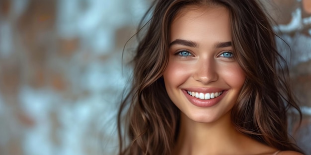 Een prachtig brunette model met een stralende glimlach vloeiend haar en vlekkeloze huid die de tandheelkundige vertegenwoordigt