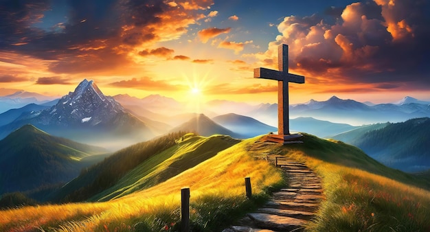 Foto een prachtig christelijk kruis in de natuur.