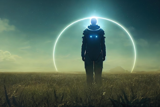 Een prachtig digitaal kunstwerkportret van een futuristische man die in een veld staat en naar de planeet kijkt met gigantische ringen Scifi-scène digitale kunststijl digitaal schilderen
