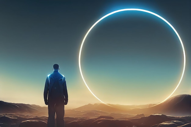 Een prachtig digitaal kunstwerkportret van een futuristische man die in een veld staat en naar de planeet kijkt met gigantische ringen Scifi-scène digitale kunststijl digitaal schilderen