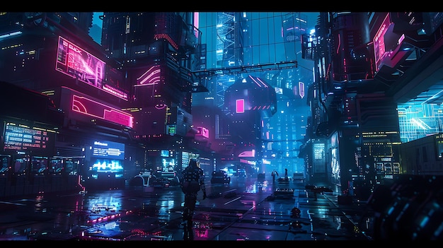 Foto een prachtig digitaal schilderij van een cyberpunk stad's nachts de stad zit vol hoge gebouwen neonlichten en vliegende auto's