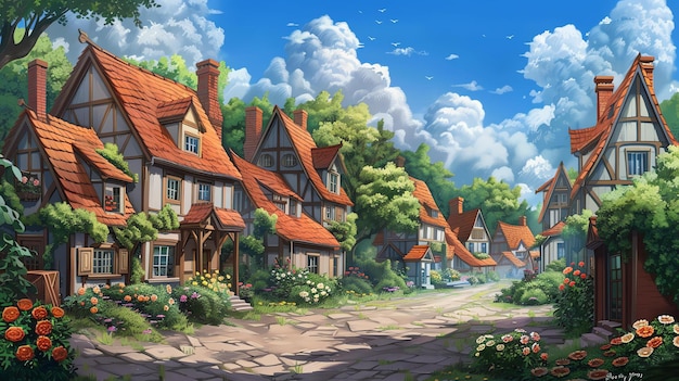 Een prachtig digitaal schilderij van een schilderachtig klein dorpje de huisjes hebben rode daken en de straten zijn van geplaveide stenen