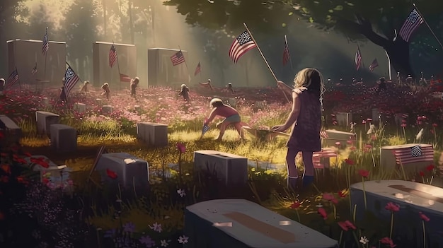 Een prachtig eerbetoonkunstwerk met de klaprozen van de Amerikaanse vlag en het silhouet van een soldaat ter ere van de offers die zijn gebracht door de helden van ons land, gegenereerd door AI