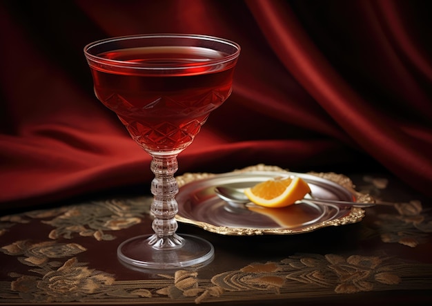 Een prachtig gegarneerde Boulevardier-cocktail op een vintage cocktailservet met een vleugje sophis