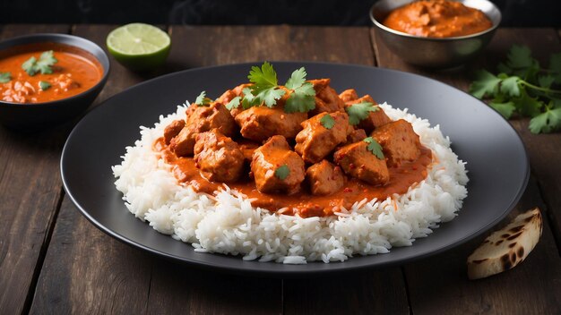 Een prachtig gepresenteerd bord kip Tikka Masala stoomend op een donkere houten tafel de levendige co