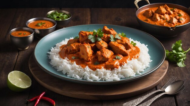 Een prachtig gepresenteerd bord kip Tikka Masala stoomend op een donkere houten tafel de levendige co