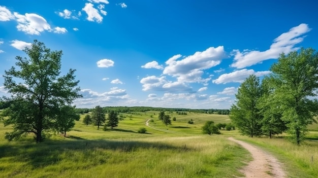 Foto een prachtig groen land met bomen en een blauwe hemel.